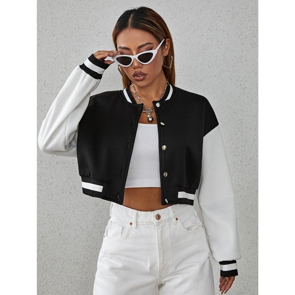 Drop Shoulder Two Tone Crop Bomber Jacket preppy black white - Picture 4 of 11